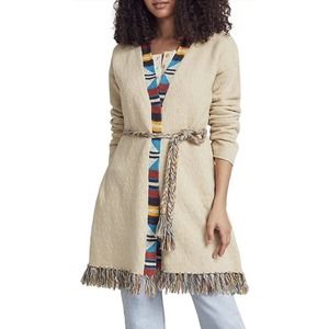 NWT Faherty Crow Stripes Duster Cardigan Braided Belt Border Stripe Cream L XL